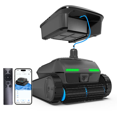 AIRROBO CP400 cordless robotic pool vacuum cleaner with floating dock, remote control, and smartphone app on white background