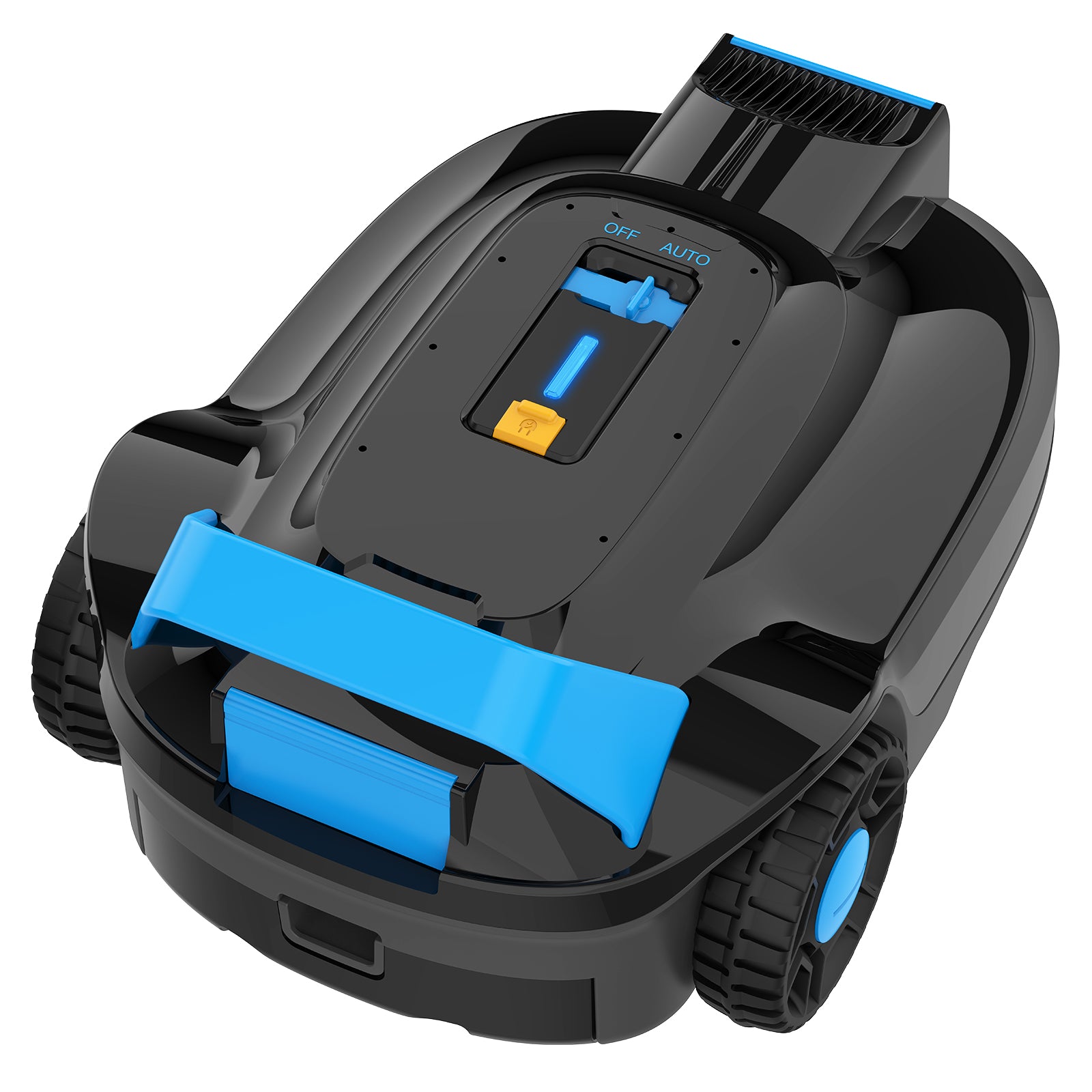 Front view of AIRROBO CP02 official refurbished cordless pool vacuum, 90% new, with blue dual-brush cleaning components