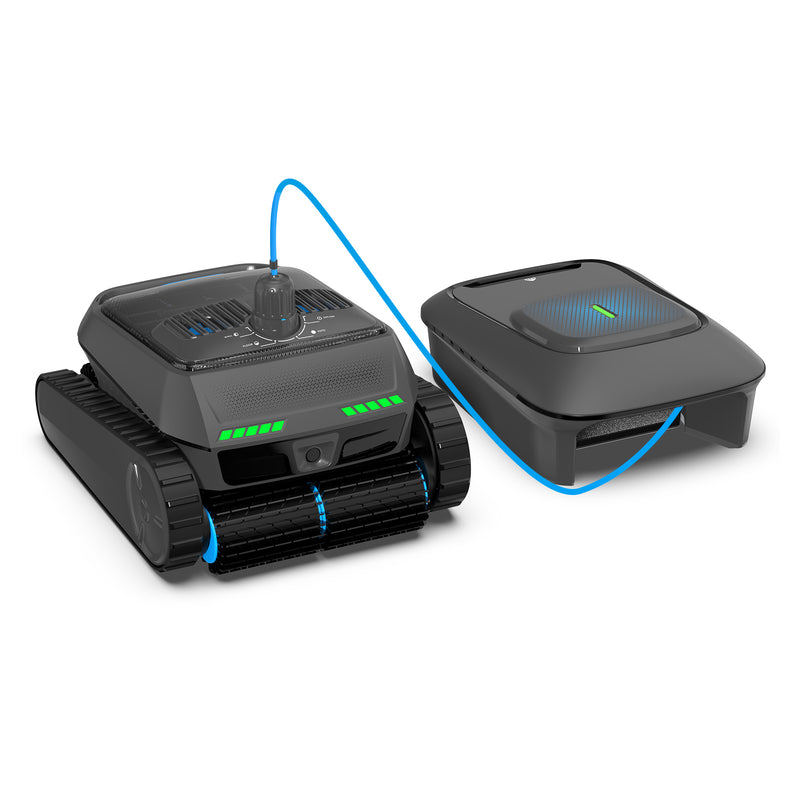 AIRROBO CP400 pool cleaning robot and floating power station connected by blue cable, side angle view