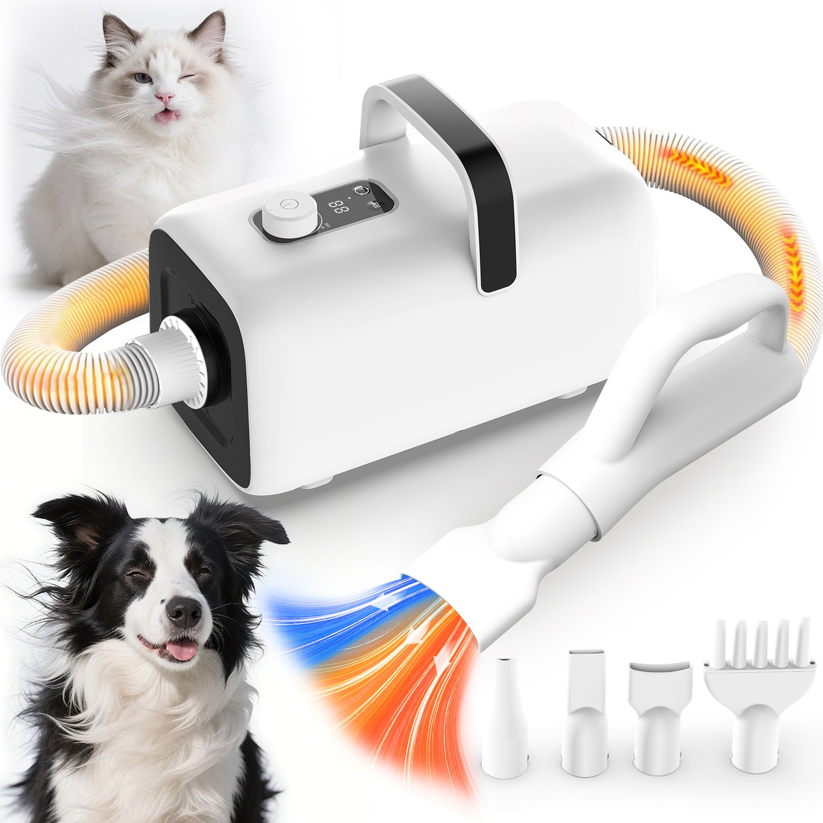 AIRROBO Dog Blower Pet Hair Dryer with Adjustable Speed Temperature, Large Dog Hair Grooming Blower after Bath Swimming, Heating Blower with 4 Nozzles Black