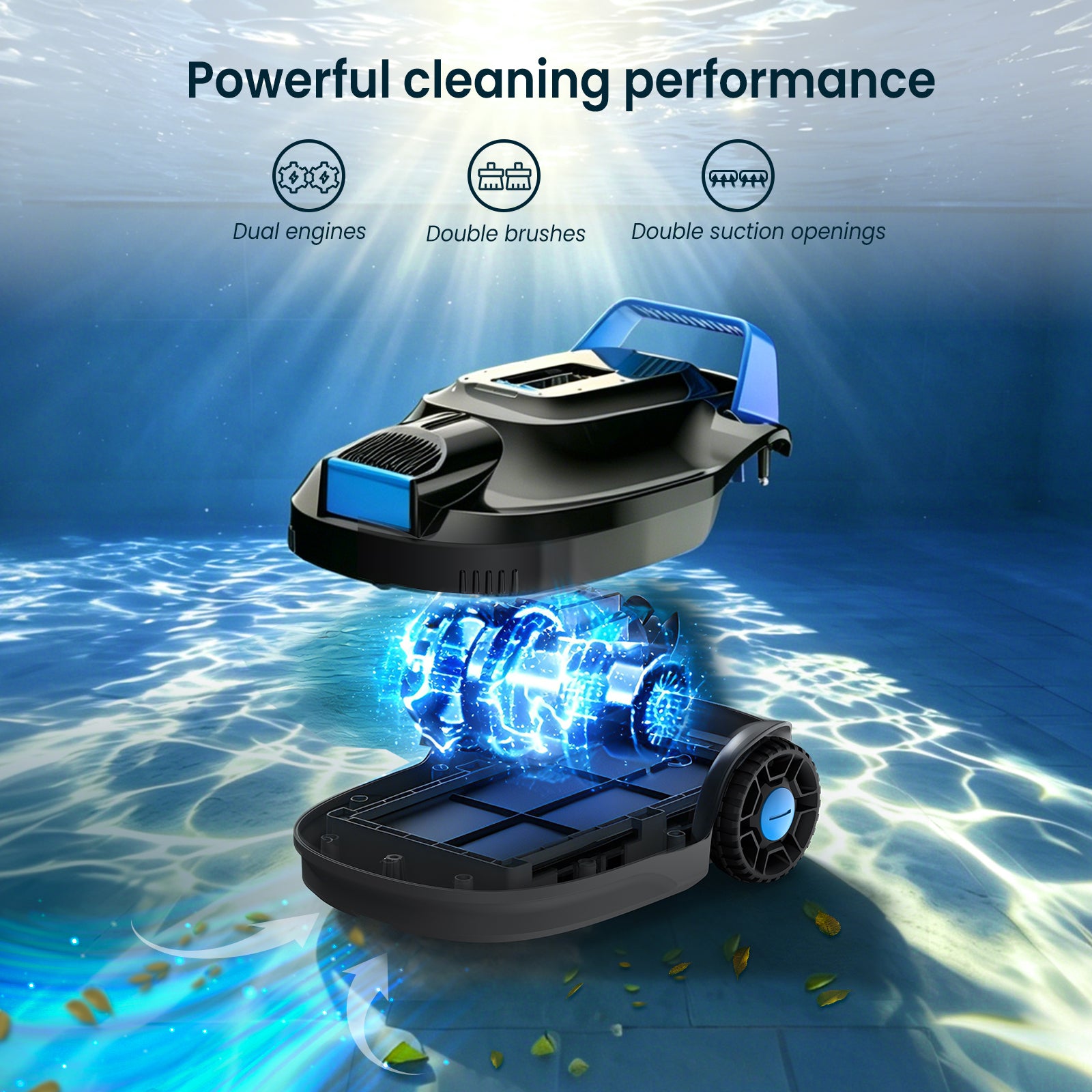 AIRROBO CP02 official refurbished robotic pool cleaner showing dual motors, double brushes, and dual suction openings