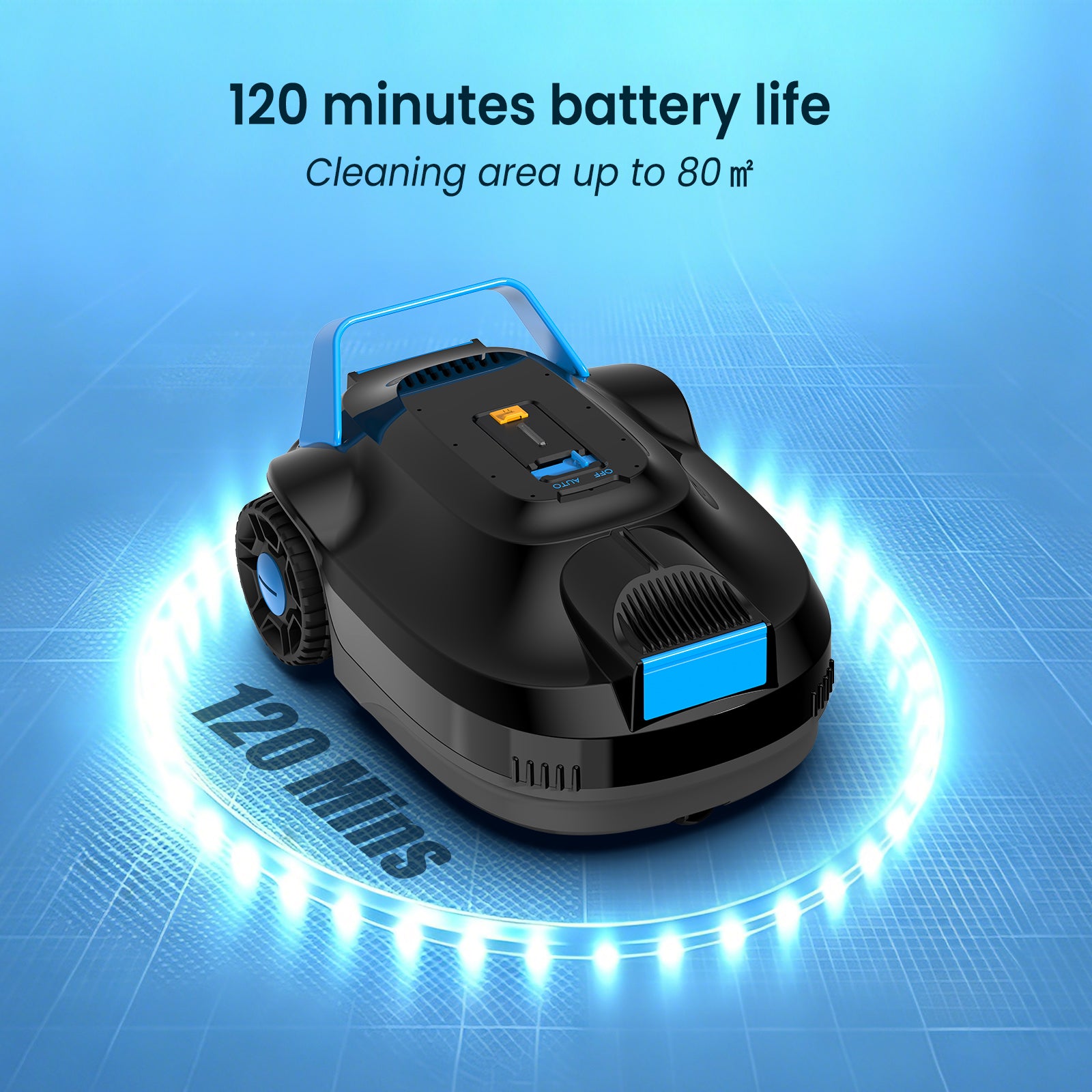 AIRROBO CP02 official refurbished cordless pool vacuum showing up to 120-minute battery life and up to 80 square meters cleaning area