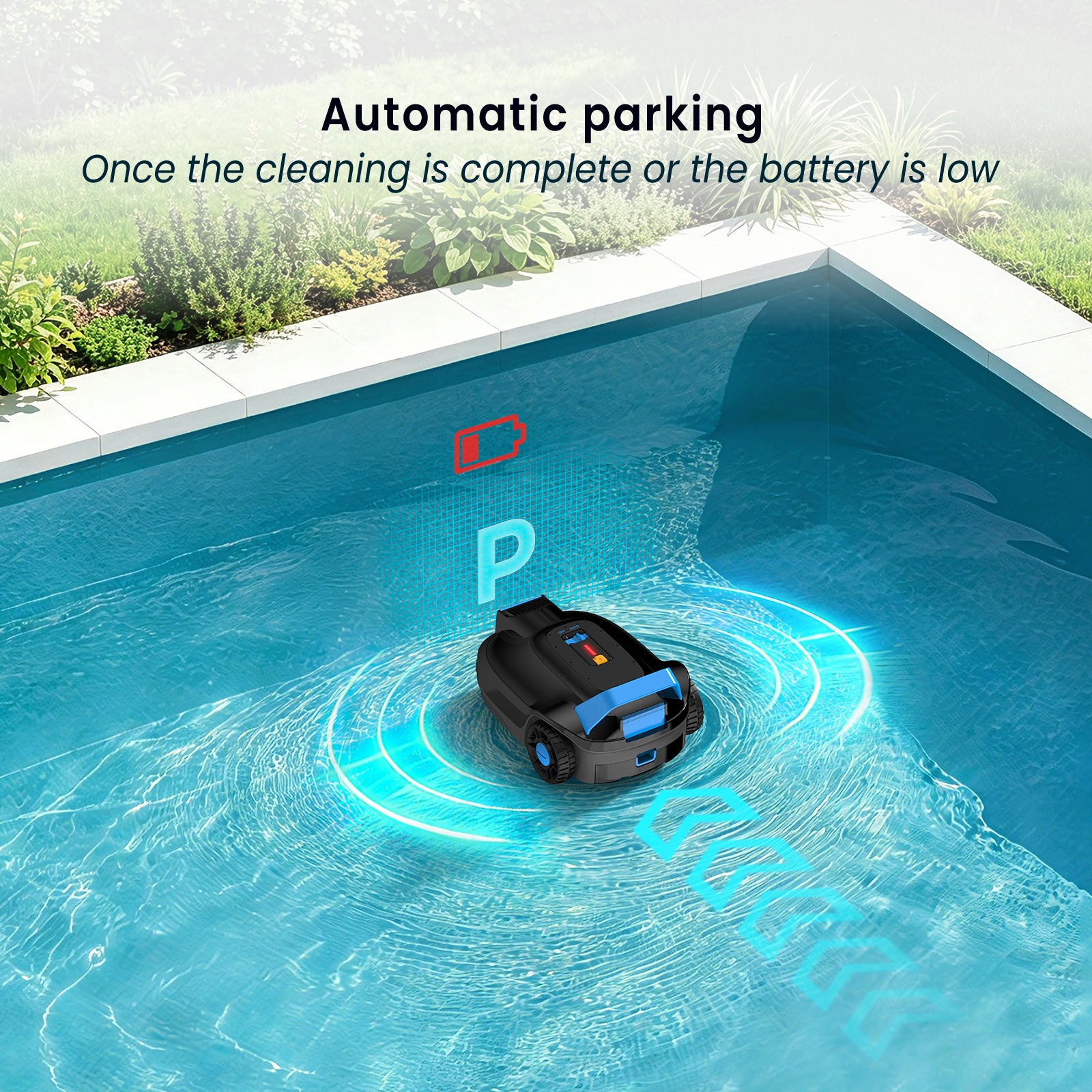 AIRROBO CP02 official refurbished cordless pool vacuum automatically parking at the pool edge when cleaning is complete or battery is low