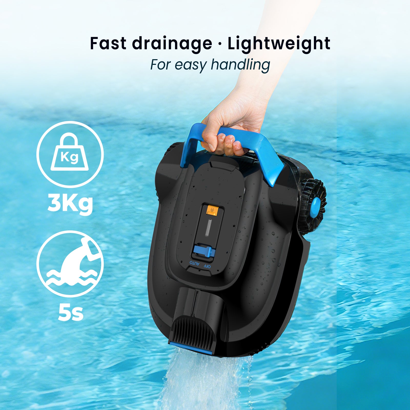 AIRROBO CP02 official refurbished lightweight cordless pool cleaner with fast drainage and blue carrying handle