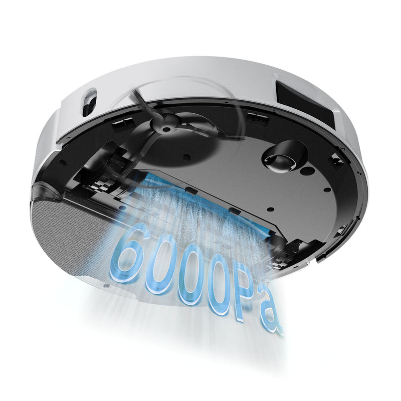 AIRROBO L60+ underside view showing 6000Pa powerful suction airflow