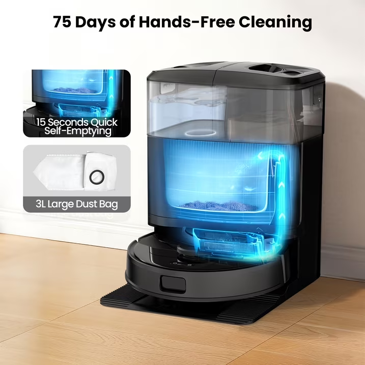 AIRROBO M2 Robot Vacuum and Mop Combo Auto Mop Cleaning and Drying, 15,000Pa Self-Refilling and Self-Emptying Base for 75 Days of Cleaning