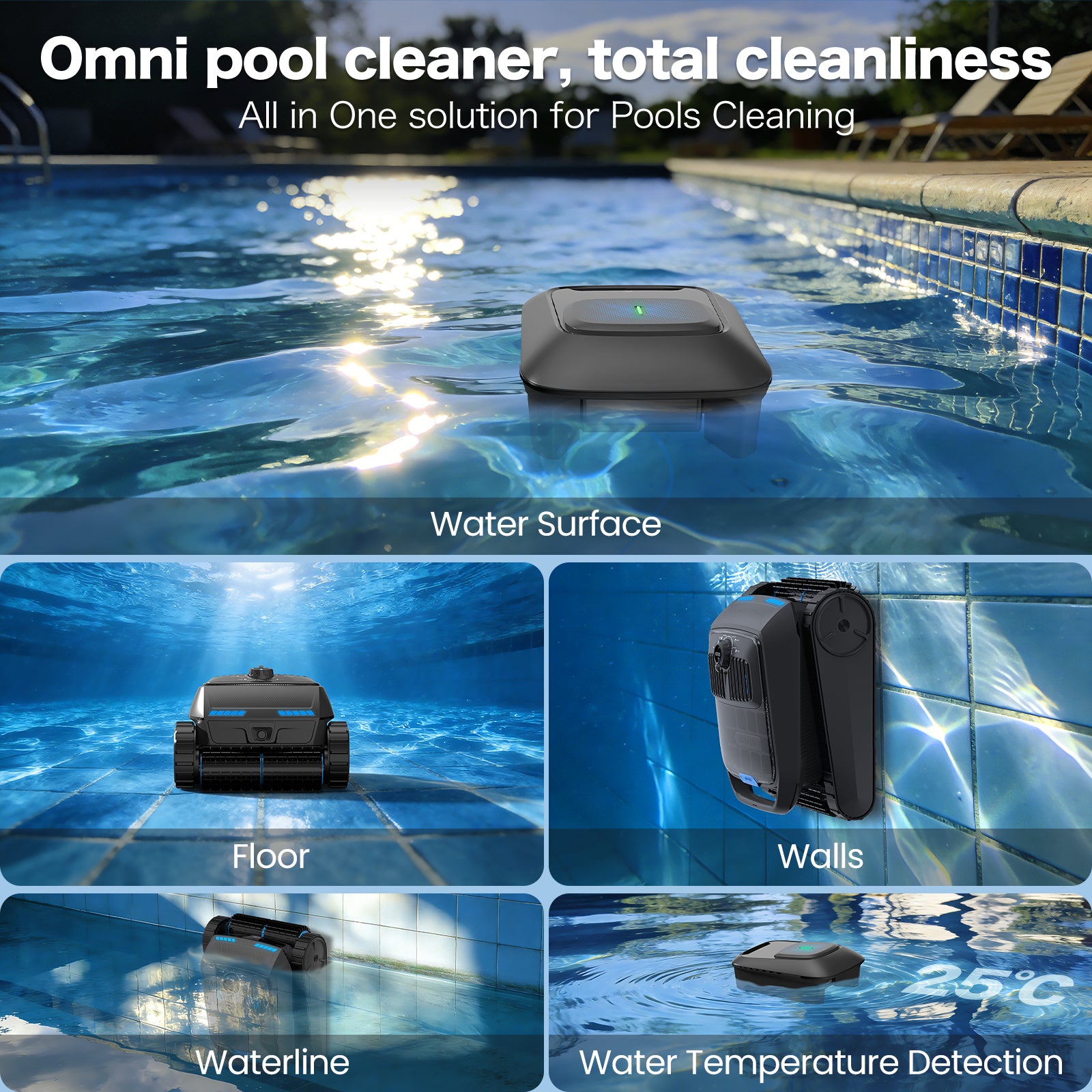 Omni-directional pool cleaning: AIRROBO CP400 cleans water surface, pool floor, walls, and waterline with temperature detection