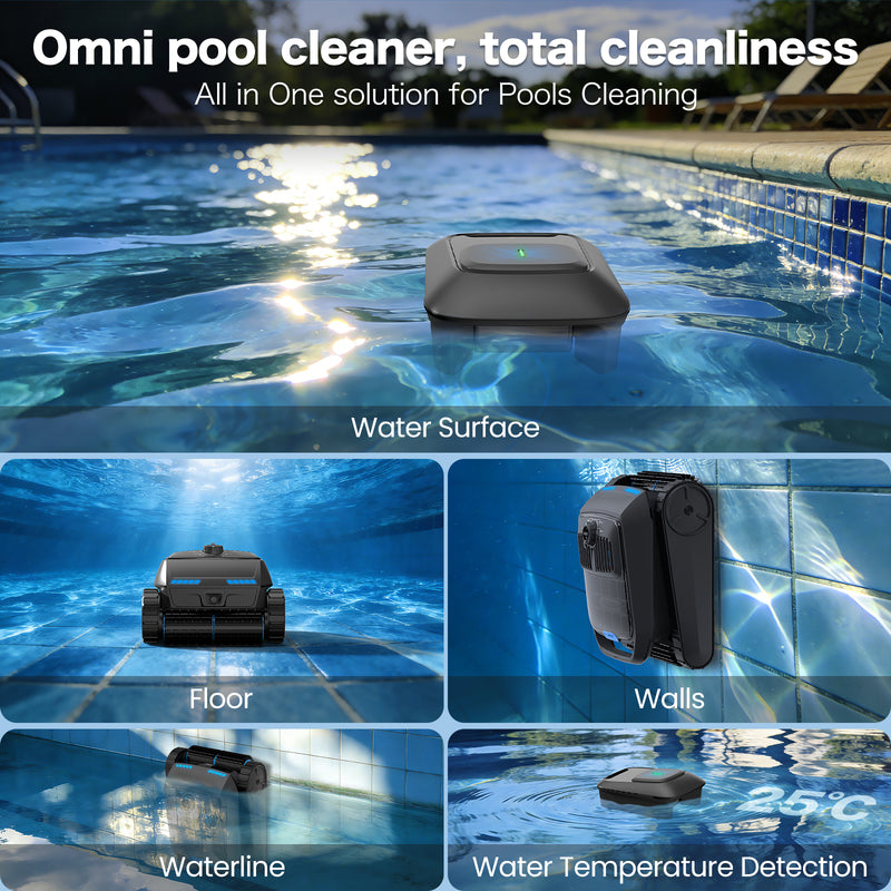 Omni-directional pool cleaning: AIRROBO CP400 cleans water surface, pool floor, walls, and waterline with temperature detection