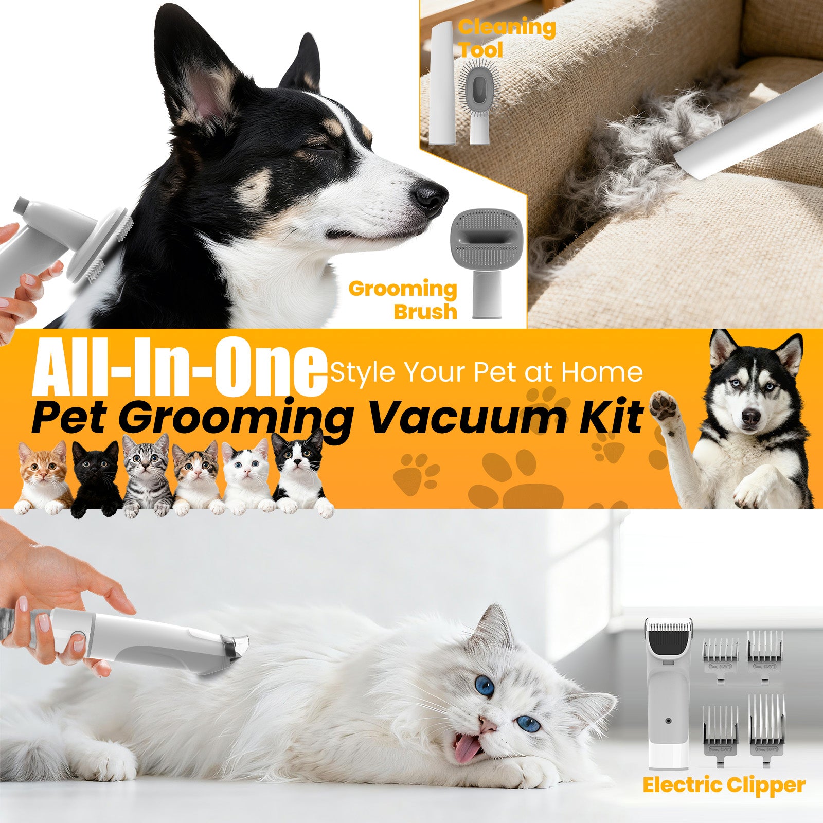 AIRROBO Dog Grooming Kit, 5 Grooming Tools, Pet Grooming Vacuum, Dog Clippers Kit GP04