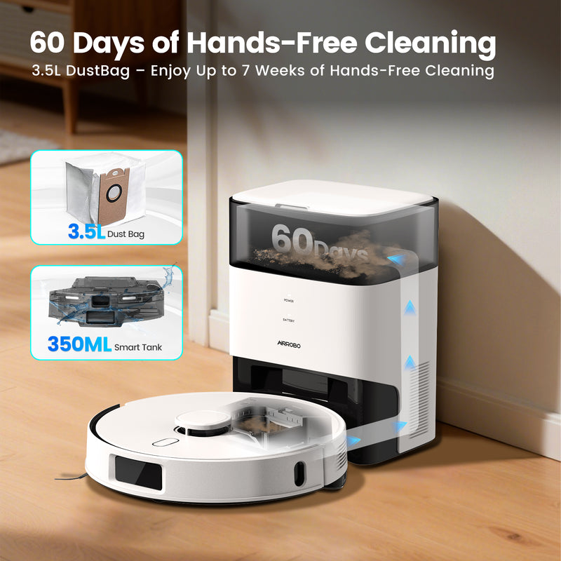AIRROBO L60+ Self-Empty Robot Vacuum and Mop Cleaner with Ultrasonic Carpet Detection,12,000Pa Suction,Laser Obstacle Avoidance,300min Long Runtime