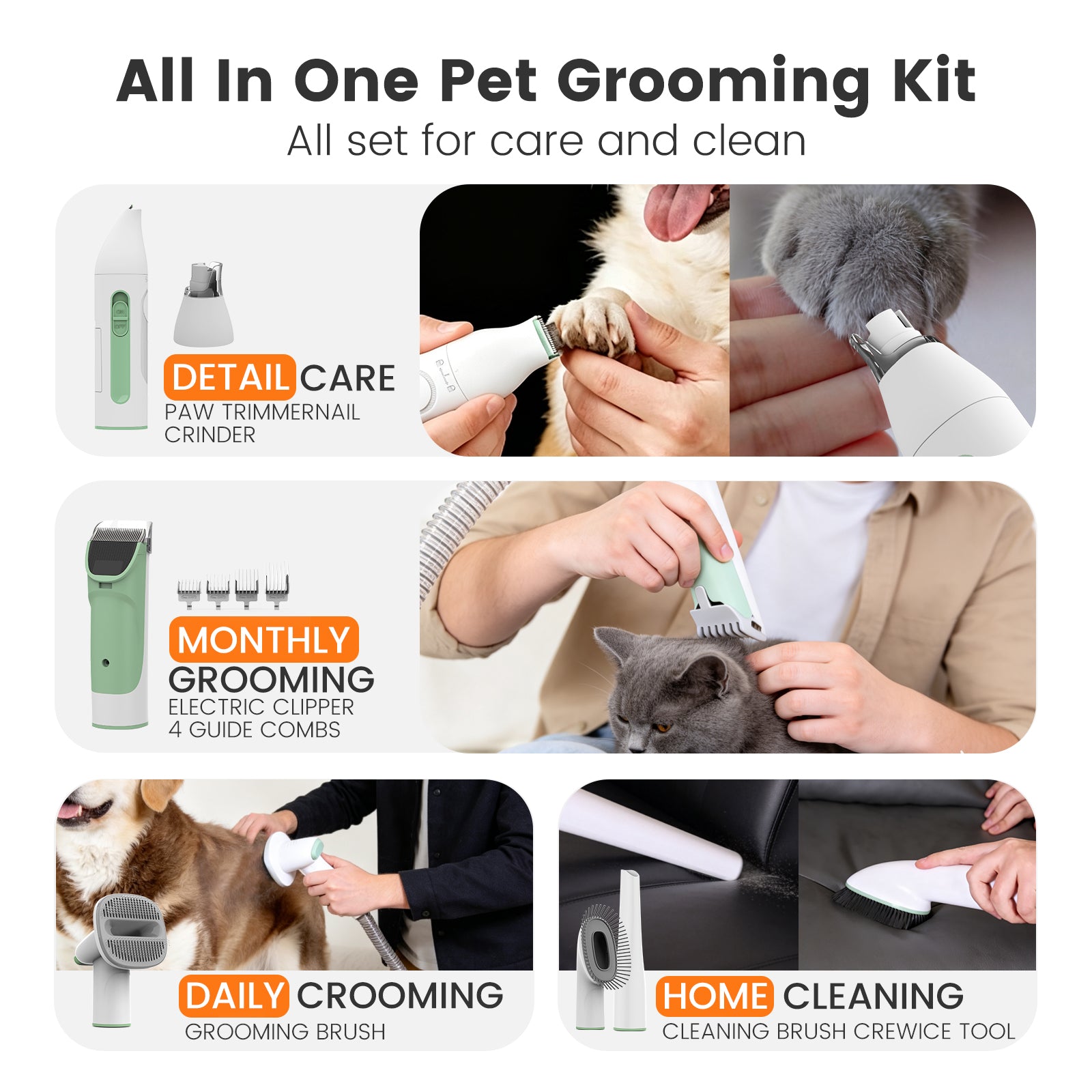 AIRROBO Dog Grooming Kit, 7 Grooming Tools, Pet Grooming Vacuum, Dog Clippers Kit, Low noise, PG80plus