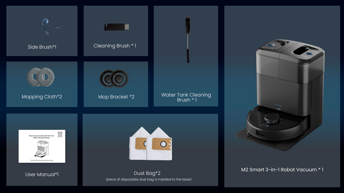 M2 Smart 3-in-1 Robot Vacuum with its included accessories on a dark background