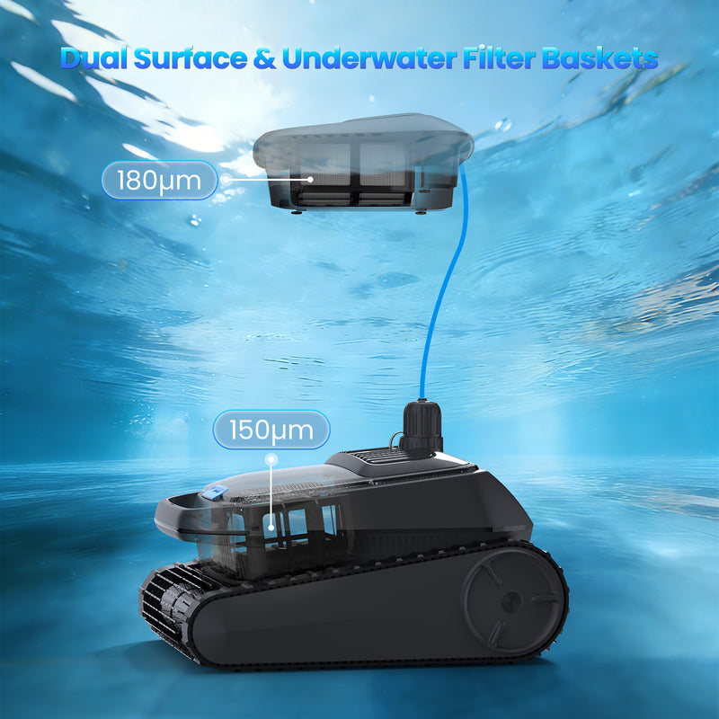 AIRROBO CP400 dual filtration system with 180 micron surface skimmer basket and 150 micron underwater filter for fine debris capture