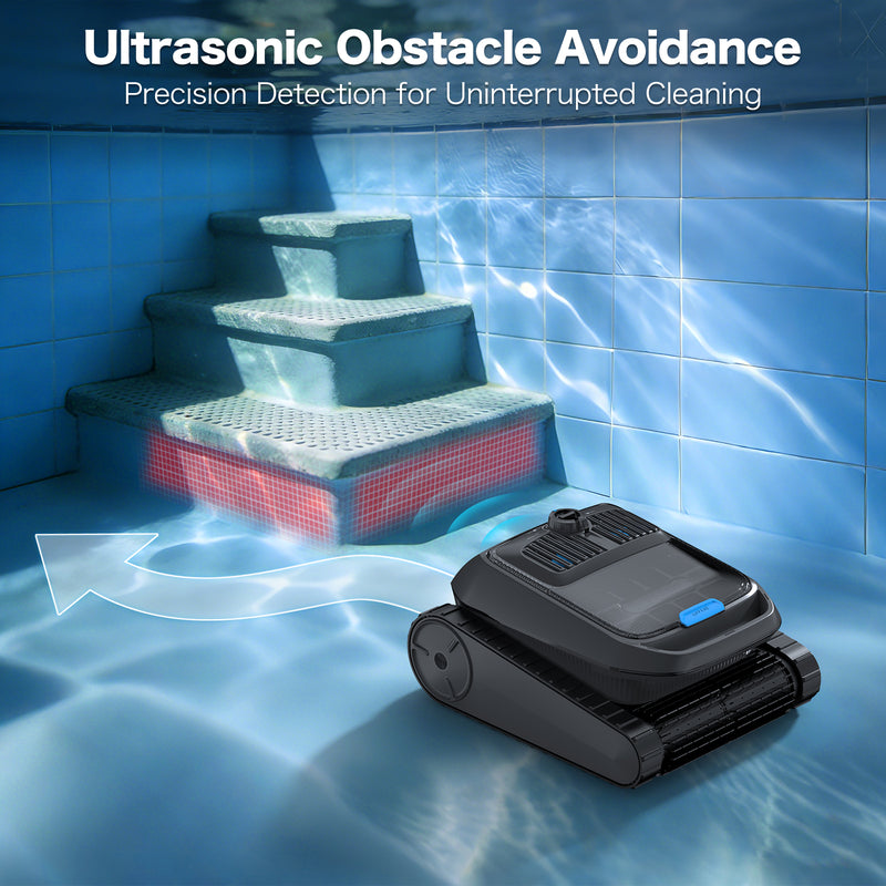 AIRROBO CP400 ultrasonic obstacle avoidance sensors detecting pool steps for uninterrupted autonomous cleaning