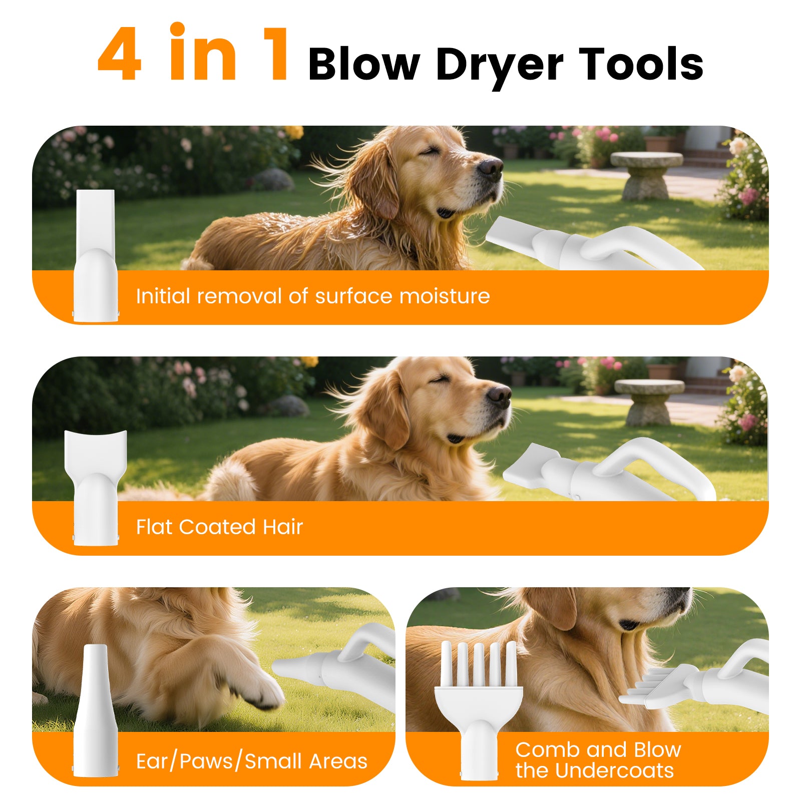 AIRROBO Dog Blower Pet Hair Dryer with Adjustable Speed Temperature, Large Dog Hair Grooming Blower after Bath Swimming, Heating Blower with 4 Nozzles Black