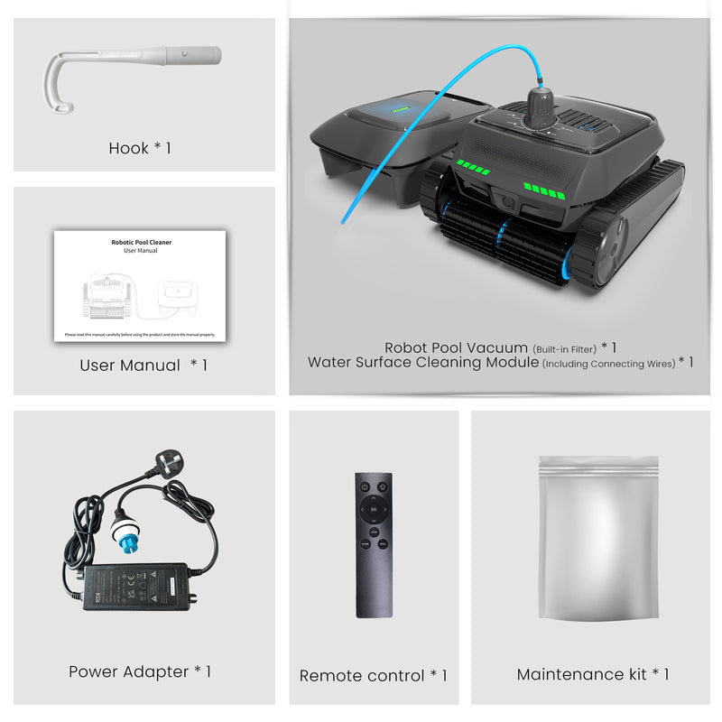 AIRROBO CP400 complete kit: robot vacuum, surface cleaning module, remote control, power adapter, hook, user manual, and maintenance kit