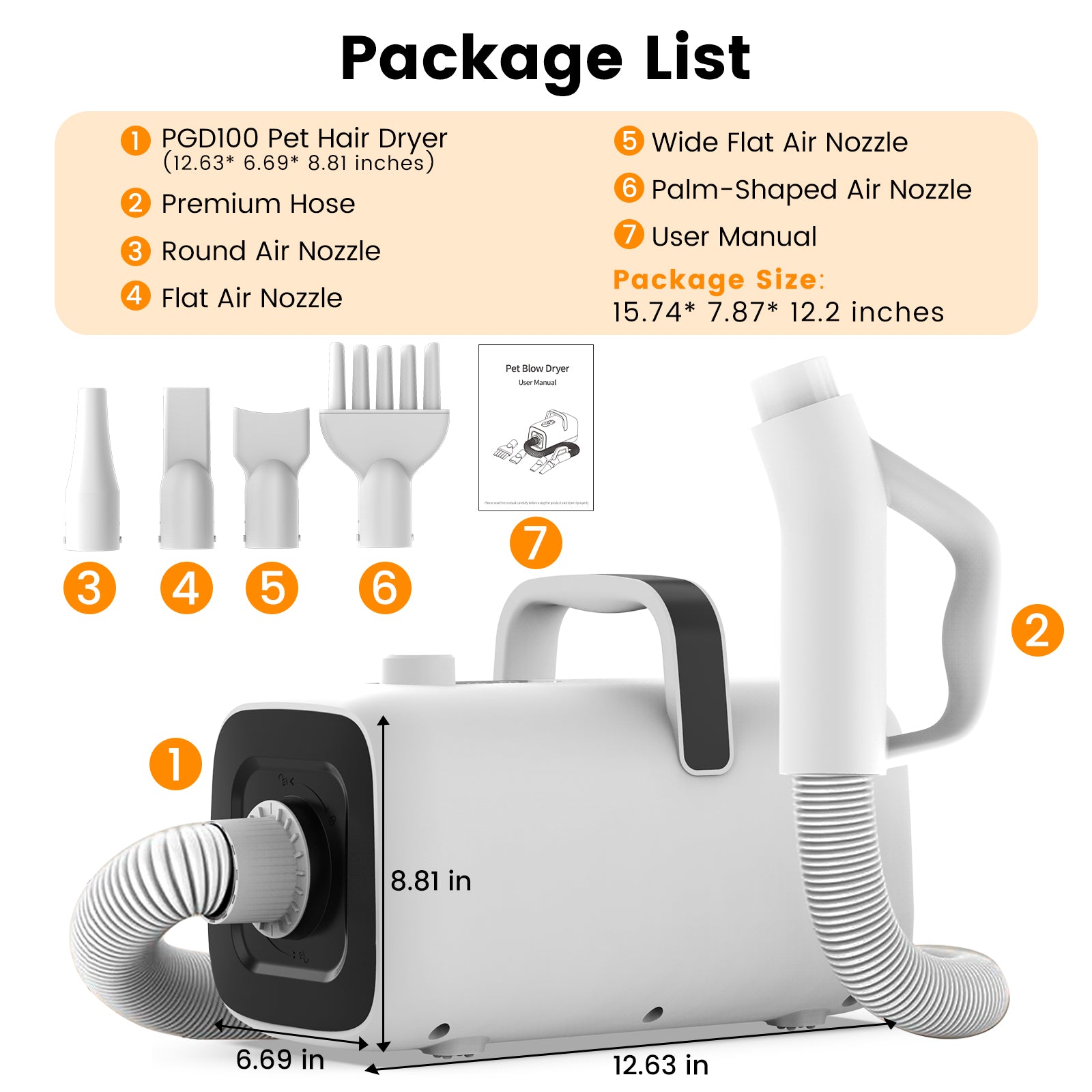 AIRROBO Dog Blower Pet Hair Dryer with Adjustable Speed Temperature, Large Dog Hair Grooming Blower after Bath Swimming, Heating Blower with 4 Nozzles Black
