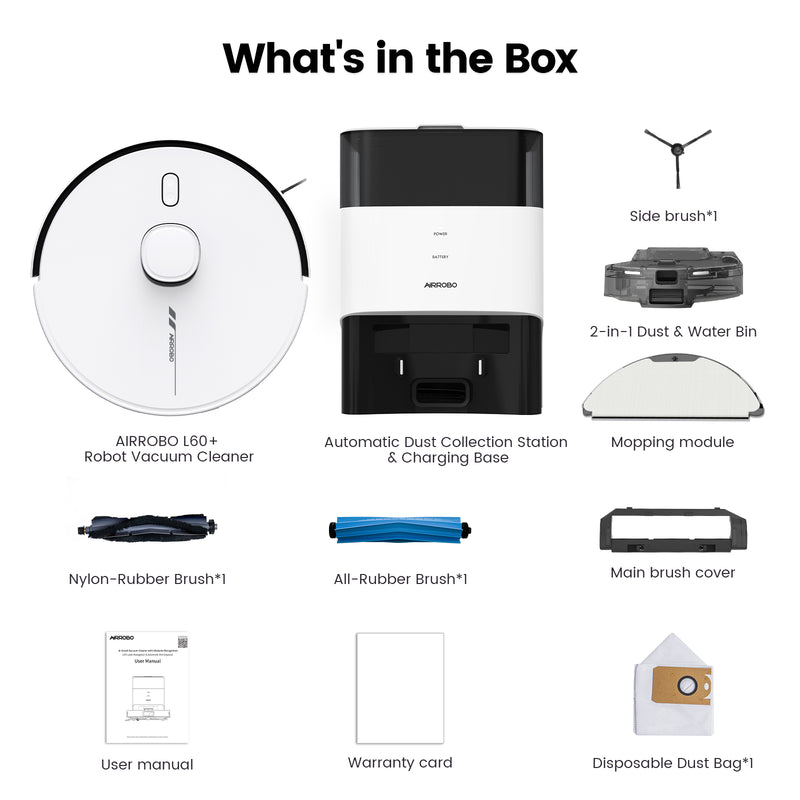 AIRROBO L60+ package contents including robot auto-dust station mopping module brushes user manual