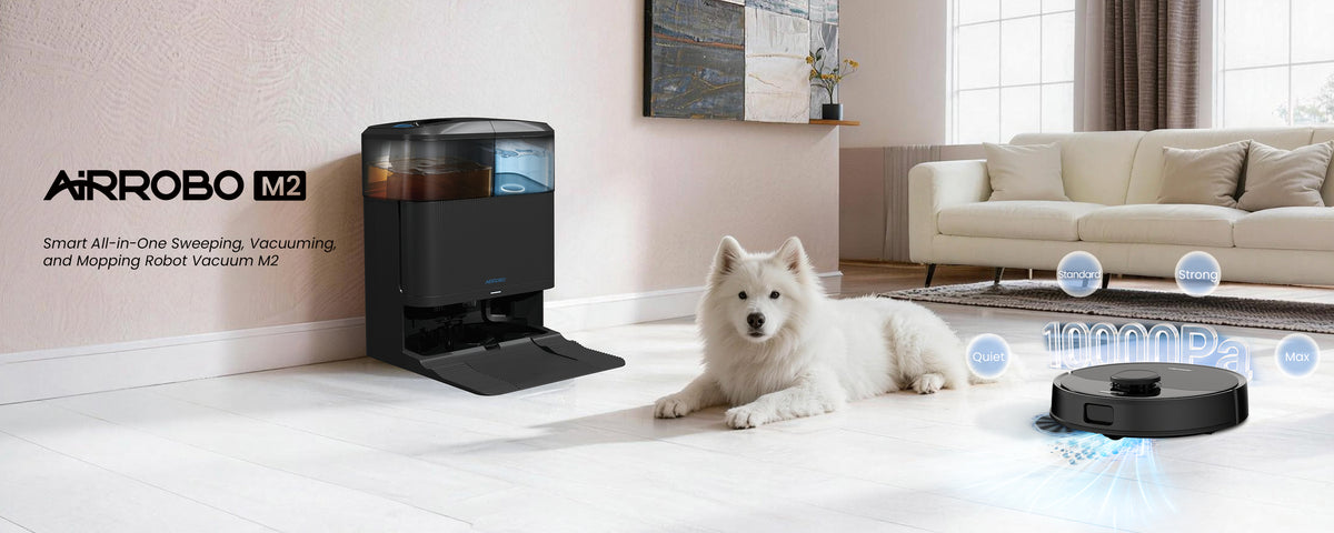 Robotic vacuum cleaner with a dog in a living room setting, featuring the Arrobo M2