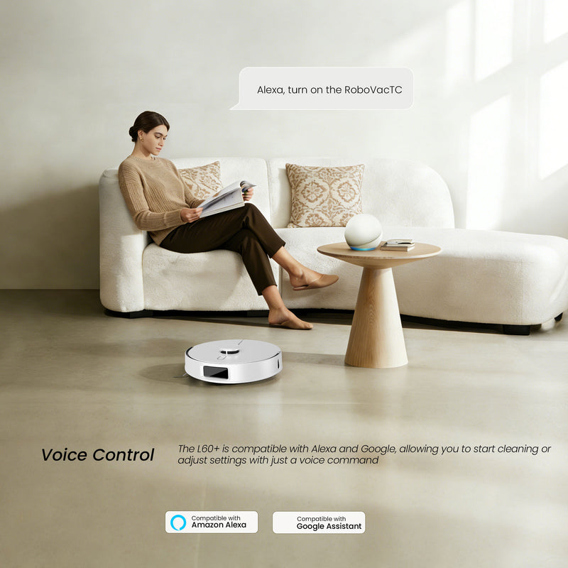 Woman using voice commands to control AIRROBO L60+ robot vacuum compatible with Alexa and Google Assistant