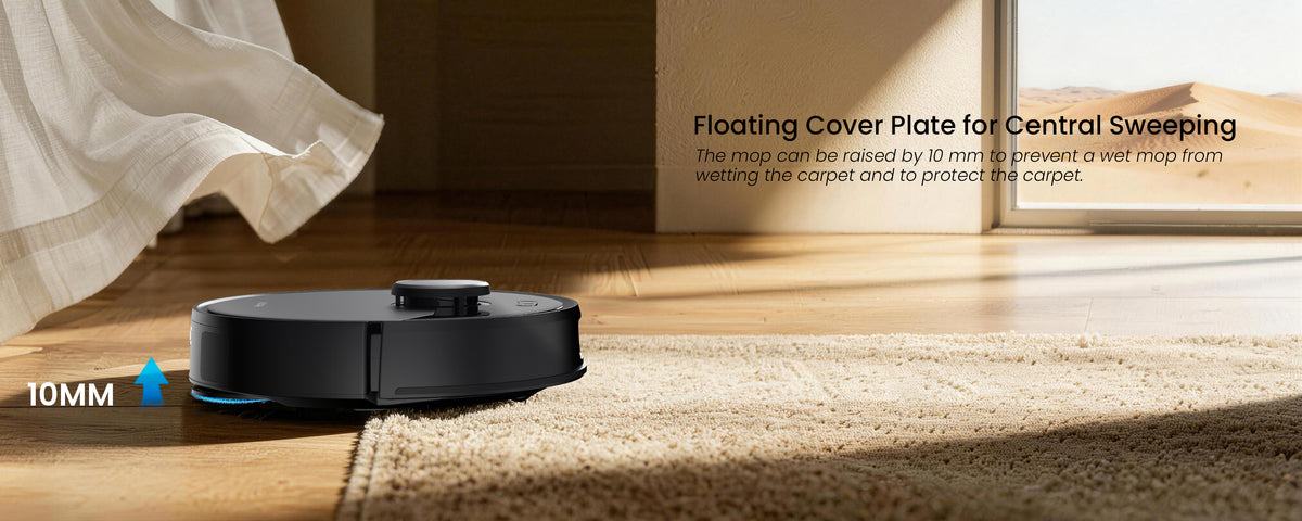 Robotic vacuum cleaner on a wooden floor with text about floating cover plate for central sweeping.